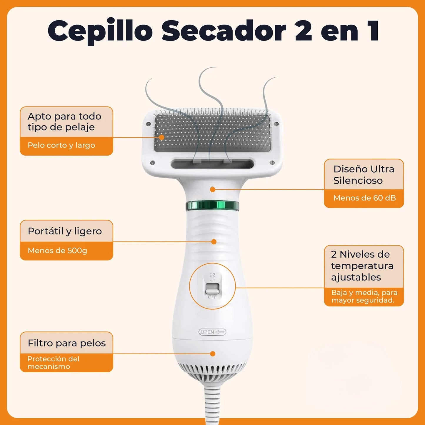 Cepillo Secador Para Mascotas 🐶2 En 1🐱