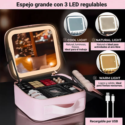 💄🖌️ Maleta de Maquillaje con Espejo🪞 + Luz LED💡 – ¡Tu tocador portátil donde vayas!